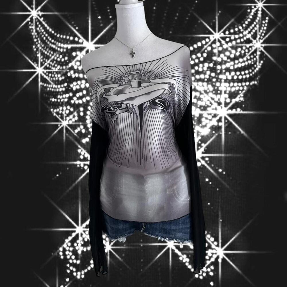 tattoo inspired sacred heart&dagger b&w sheer raglan top